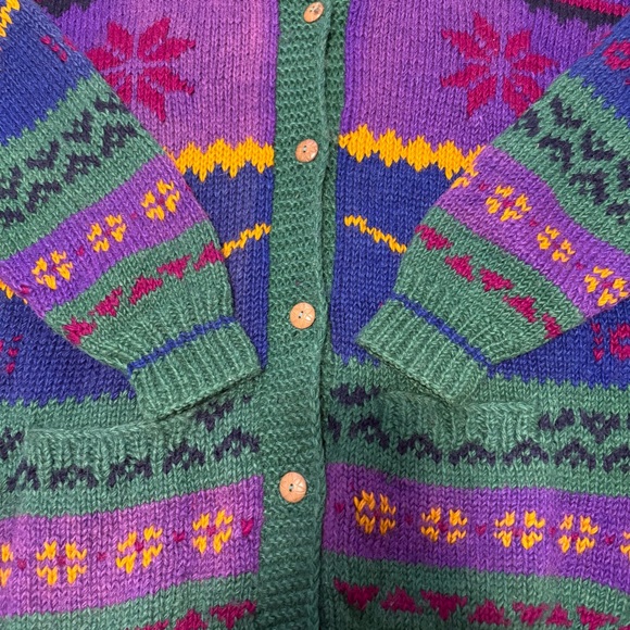 Vintage Handknit Wool Nordic Cardigan Sweater Pirple Green Blue size XLarge - Picture 5 of 9